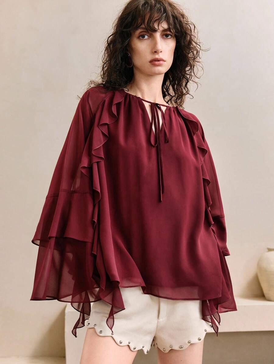 Arave Women's Elegant Chiffon Ruffle Flare Long Sleeve V-Neck Blouse, Graceful Work Commute Tops, Bohemian Resort Vacation Style,Summer Dresses For Women,Bohemian Clothes,Fall Women Clothes,Fairycore,Going Out Tops Women,Vacation Outfits Women,Flowy Top,Oversized Shirt,Fall Women Clothes,Classy Outfits For Women,Tie Front Top
