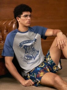 HARRY POTTER X SHEIN 2pcs/Set Men Summer Animal Badge & Letter Graphic Colorblock Raglan Sleeve T-Shirt And Shorts Loungewear Set