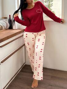 SHEIN 2件套女士爱心印花长袖上衣配长裤睡衣红色睡衣套装，秋冬服装 - 彩色 - 查看 6