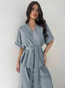 Firerie 2 件套女士休闲宽松西装，V 领衬衫和高腰阔腿裤，适合春夏秋季通勤、优雅、母亲节、教师节、工作装