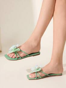 CUCCOO CHICEST Women's Summer New Iris Flower Square Toe Flat Elegant Casual Green Patent Flat Sandals/Slippers/Beach Shoes, Fashion Party Outfit, Beach Resort Style