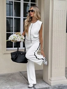 SHEIN Frenchy Bộ 2 chiếc/bộ áo len cardigan không tay viền tương phản thời trang xuân/hè/thu và quần dài rộng rãi cho nữ - Nhiều màu - Xem 4