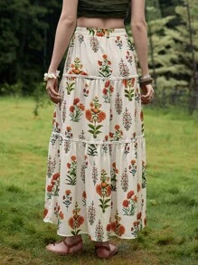 Florisole 女式夏季波西米亚风花卉印花拼布荷叶边 A 字裙 - 杏色 - 查看 2