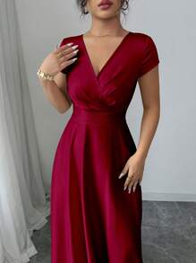 Elenzga Vestido elegante y romántico de línea A con cuello en V rojo y fruncido para mujeres, disfraz de Halloween - Rojo - Ver 3