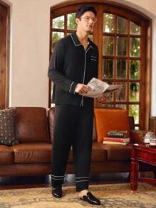 SHEIN EverLounge بدلة رجالية منزلية تتكون من ملابس علوية بياقة بولو وأكمام طويلة وسروال أحادي الصدر