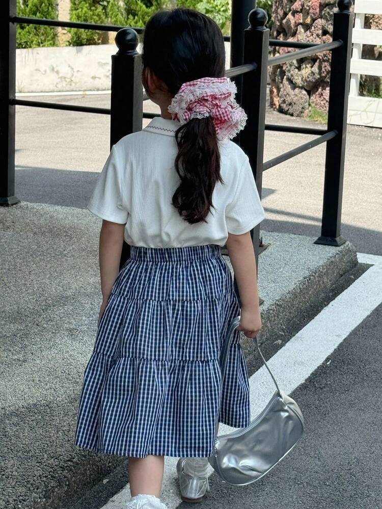 Young Girls Polo Collar Embroidered English Summer Short Sleeve T-Shirt