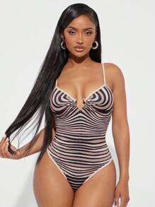 SHEIN SXY Women's Striped Circular Link Sexy Bodysuit, Curve Swimsuit, Bathing Suit Full Coverage - Multicolor - View 8
