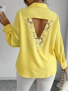 Elenzga 加大码纯色镂空贴花优雅长袖衬衫