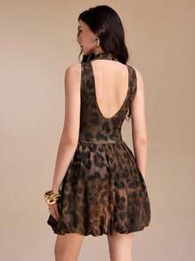 VERO DIAZ Leopard Print Balloon Mini Dress Mockneck Backless - Multicolor - View 1