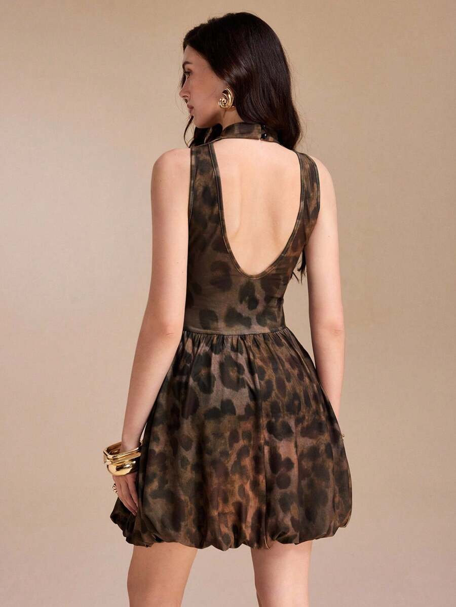 VERO DIAZ Leopard Print Balloon Mini Dress Mockneck Backless - Multicolor - View 1