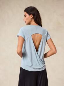 OutZeal Women Sports Tee Solid Color Casual Vacation Cool Touch Silky Soft Cut-Out Back Design Short Sleeve Summer T-Shirt - Baby Blue - View 7