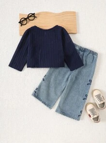 SHEIN Baby Girl Denim Set Adorable Baby Girls Button Down Cardigan And Jeans Outfit For Everyday Wear Fall Winter