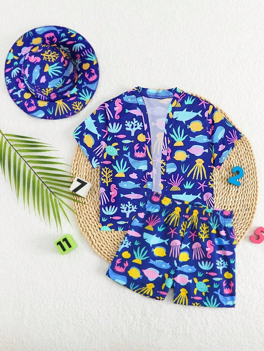 Sommer Neuheit Bedrucktes Kurzarm-Shorts Set, Urlaubs Outfit im Strand-Stil