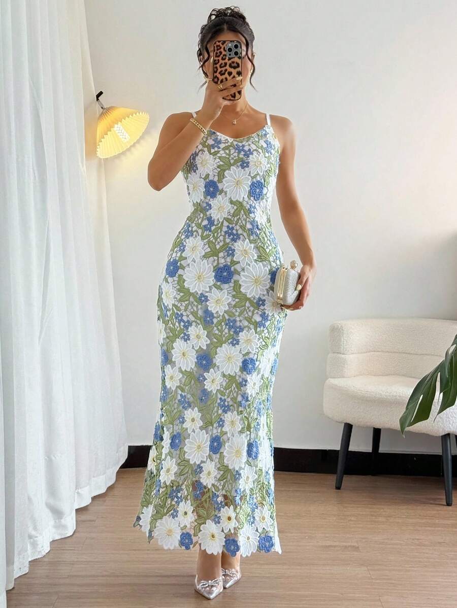 Rafferiza Women's Elegant Floral Embroidery Camisole Dress - Green - View 1