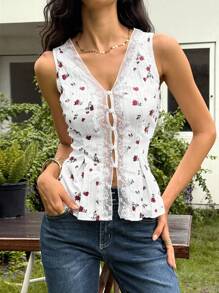 Ria Solene Vintage Ditsy Floral Lace Trim Sleeveless Blouse - Multicolor - View 6
