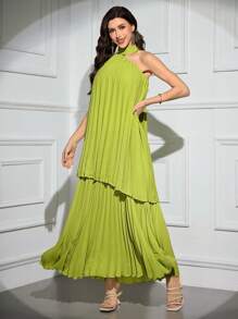 Modelyn 女士优雅纯色褶饰吊带连衣裙，夏季 - 綠色 - 查看 3