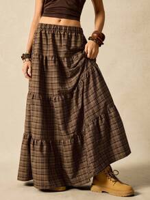 Easelle 棕色复古格子编织多层拼布休闲女式半身裙秋夏乡村音乐会格子裙