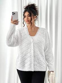 Elenzga Plus Size Elegant Delicate Lace Button-Up Cardigan Fall Winter Cloth For Women Autumn - White - View 4