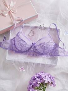 SHEIN Lace Splice Solid Color Underwire Support Gathering Semi-Sheer Wireless Bra For Women Lavender Lace Bra Purple Lace Bra Lace Bra Set Light Purple Lingerie Cute Bra Set