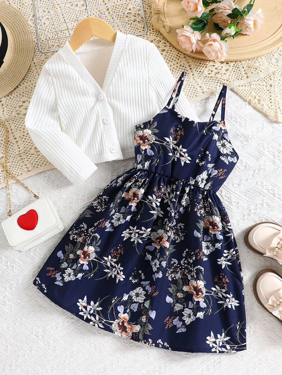 2 件套年轻女孩花卉印花吊带背心连衣裙和休闲夹克夏季度假服装套装 - 黑色 - 查看 1