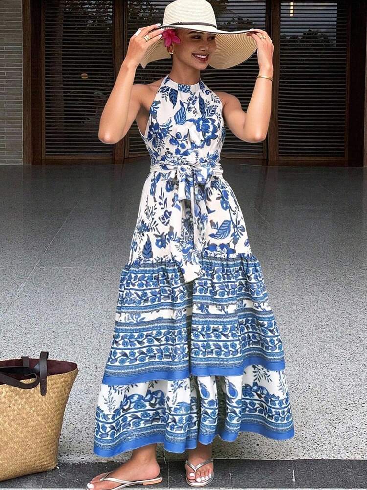 Women's Blue And White Porcelain Print Sleeveless Layered Dress With Halter, Decorative Splice Design, Summer Vacation Style Cruise Outfit For Women Dress Boho
