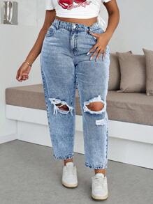SHEIN ICON Große Größen Blaue Jeans in Relaxed Fit, gerissen, verjüngend, 7/8-Länge