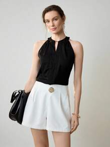 Uhlyne 女士优雅金属装饰通勤短裤，夏季 - 白色 - 查看 5