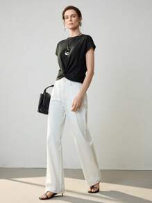 Uhlyne Women's Simple Solid Color Knotted Design Casual T-Shirt, Basics,Business Casual,Work Wear Women,Office Outfits,Teacher Outfits For WomenElegant And Comfortable For Daily Commute