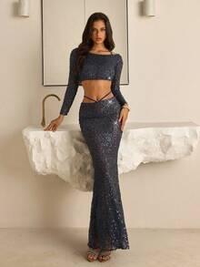 Vowa Sexy Sheer Long Sleeve Beaded Outfit, Suitable For Parties, Vacations, Music Festivals, Bridal Wear And Other Occasions For Ladies - Navy Blue - View 3