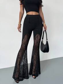 Firerie Pantalones de gasa ajustados y acampanados con parches de encaje elegantes, sexys y de cintura baja para vacaciones, graduación, festival de música y ciudad, verano
