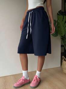 SHEIN EZwear 海军蓝大码女式休闲抽绳百慕大短裤 - 藏蓝色 - 查看 6