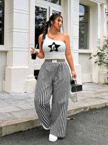 Solflare Checkered Casual Plus Size Women Flare Leg Pants Gingham Pants Black And White Gingham Pants,Back To School,Teacher Outfits, Fall Black And White Checkered Pants,Fall Clothes For Women - Black and White - View 5