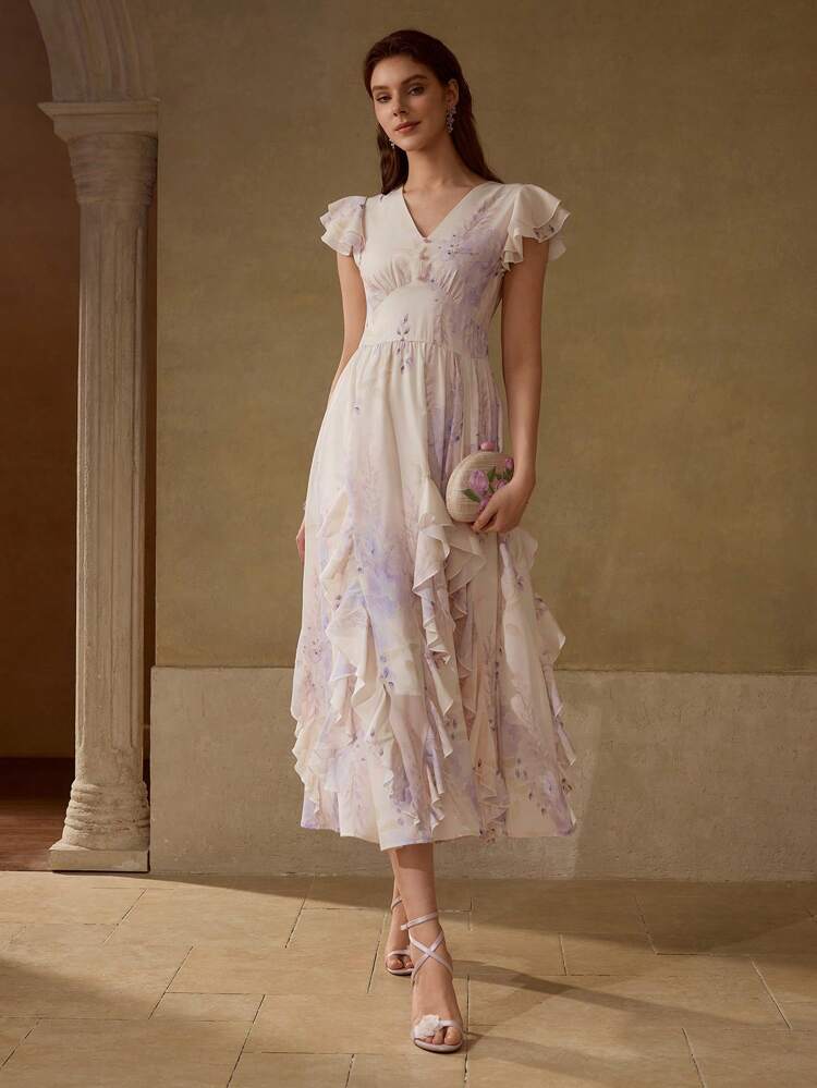 RUFFLE TRIM FLORAL PRINT DRESS
