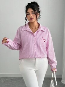 Elenzga Plus Size Women's French Style Striped Embroidered Heart Shirt Fall Cloth For Women - Pink - View 5