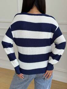 SHEIN Tween Girl Casual Striped Colorblock Off Shoulder Loose Batwing Long Sleeve Sweater, Autumn/Winter Fall