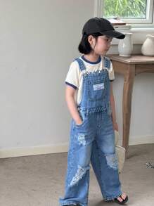 DENIMLY YOUNG Cô gái trẻ THƯỜNG NGÀY ĐỂ CHUẨN BỊ NGOÀI TRỜI CẢ NĂM PHẢI CÓ COOL MAX VẢI COTTON NHẸ GIẶT LẠI NHẸ QUẦN JUMPSUITS DENIM RÁCH, Dây đeo có thể điều chỉnh và năm túi cổ điển, Cài nút ở bên hông - Rửa nhẹ - Xem 3