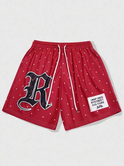 Street Life Men's Drawstring Waist Polka Dot & Letter Print Loose Casual Shorts