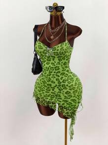 Amplova Summer Women's Leopard Print Hippie Style Rhinestone Decorated Low Cut Asymmetrical Hem Mini Dress - Green - View 2