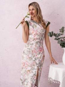 Omancia Women's Elegant Floral Print Split Hem Dress,Off-White Summer Date Night Outfit For Vacation,Afternoon Tea,Daily Outings,Spring/Summer - Multicolor - View 3