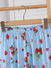 青少年女孩蓝色基础简约时尚红色草莓印花吊带背心和长裤舒适两件套睡衣套装