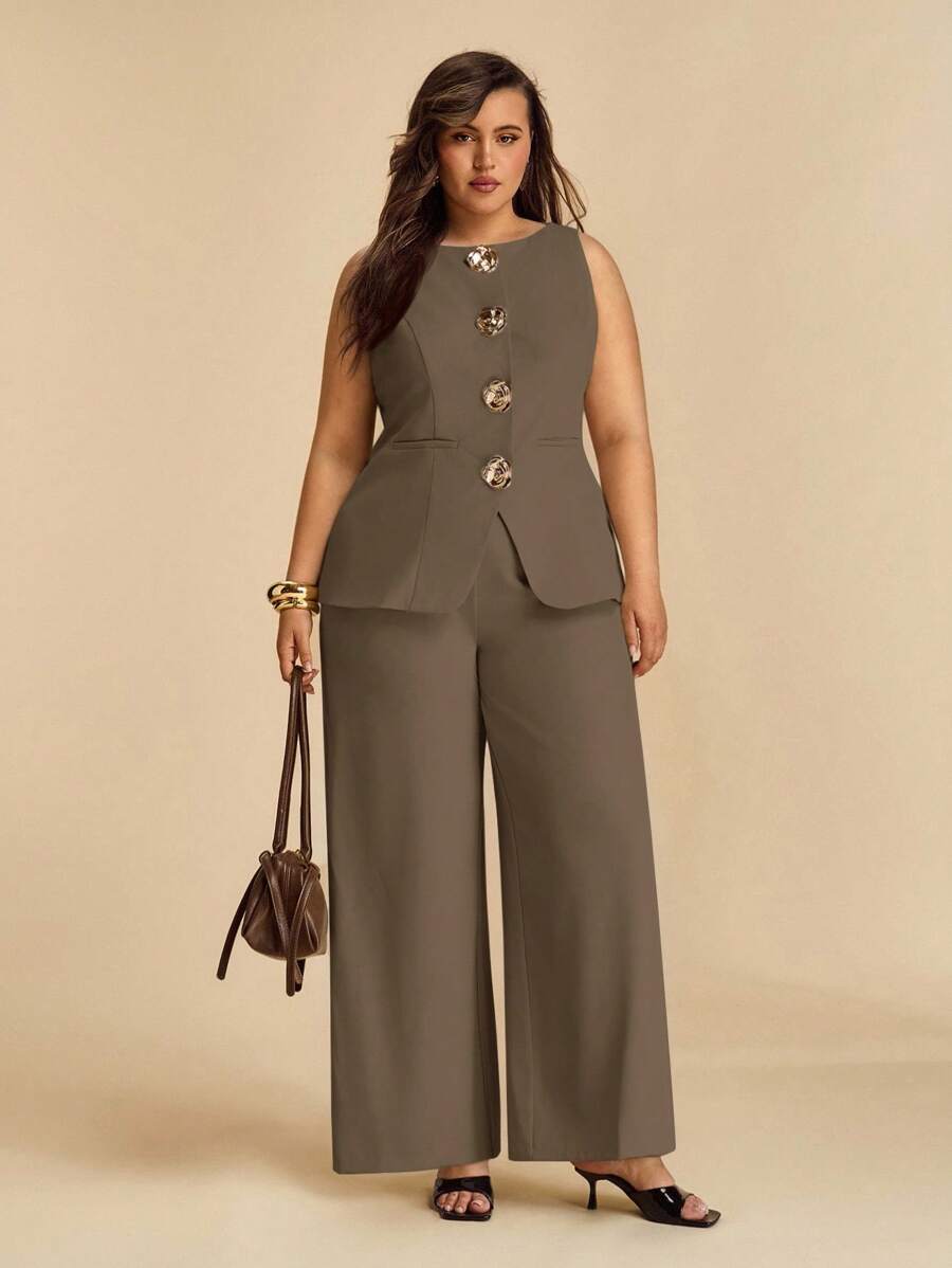 SHEIN BAE Plus Size Women Metal Flower Decor Vest & Wide Leg Pants Casual Set,Business Casual Woman/ Plus Size Two Piece Outfits/ Plus Size Wide Leg Pantsuit/ Plus Size Pant Suit,Fall Clothes For Women