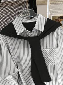 INAWLY Áo sơ mi dài tay kẻ sọc dành cho nữ, giản dị & thời trang, phù hợp cho mùa hè - màu đen - Xem 3