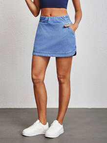 SHEIN Tall 女士休闲水洗弹力腰斜插口袋牛仔迷你裙，夏季 - 藍色 - 查看 5