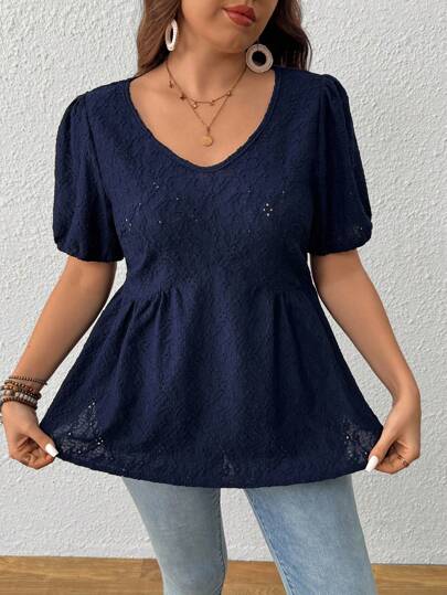 EMERY ROSE 大码女式蕾丝V领灯笼袖上衣