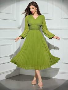 Modelyn Women's Solid Color Cross Wrap V-Neck Pleated Elegant Long Sleeve Midi Dress Green - Green - View 6