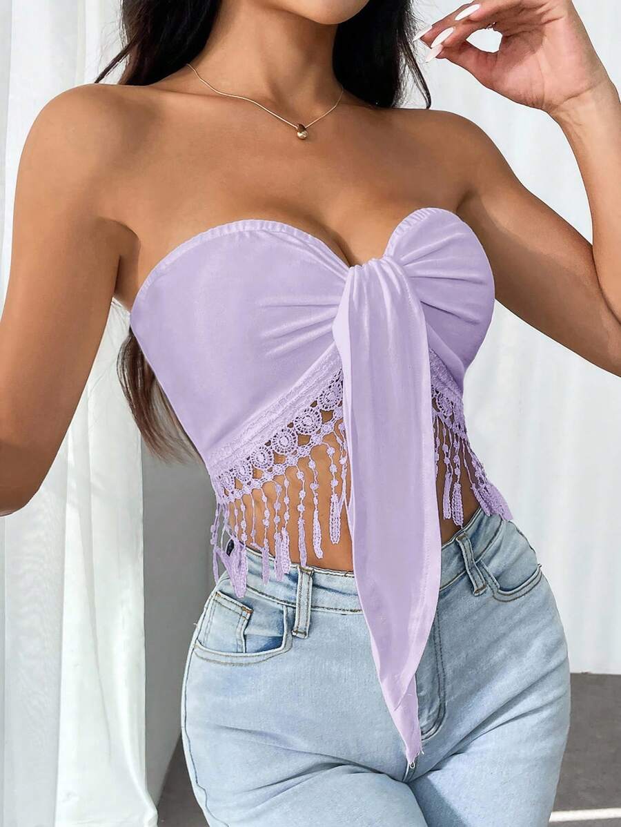 Firerie Women's Solid Color Fringes Hem Tube Top Crochet Strapless Top, Vacation Wear - Violet Purple - View 1