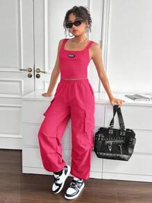 SHEIN Tween Girls Casual Street Fashion Solid Color Knit Tank Top With Drawstring Ankle Pants Set - Hot Pink - View 3
