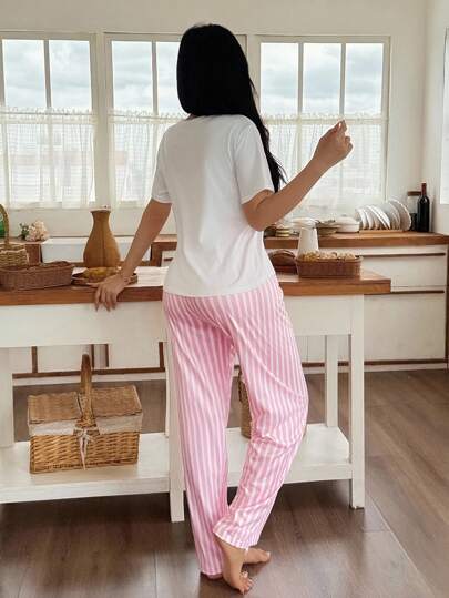 Women Girls Bloemen Print Short Sleeve Top Gestreepte Long Pants Pajama Set, Sets Lounge Pyjama Set Roze view 2
