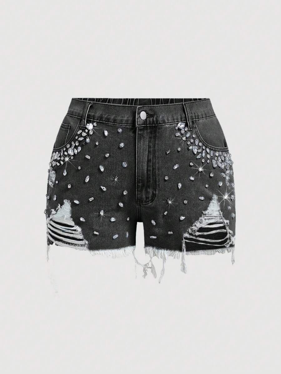 SHEIN EZwear Plus Size Women Pockets Rhinestone Embellished Distressed Frayed Hem Denim Shorts - Grey - View 1