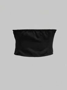 INAWLY Plus Size Women Solid Color Minimal Bandeau Black Top